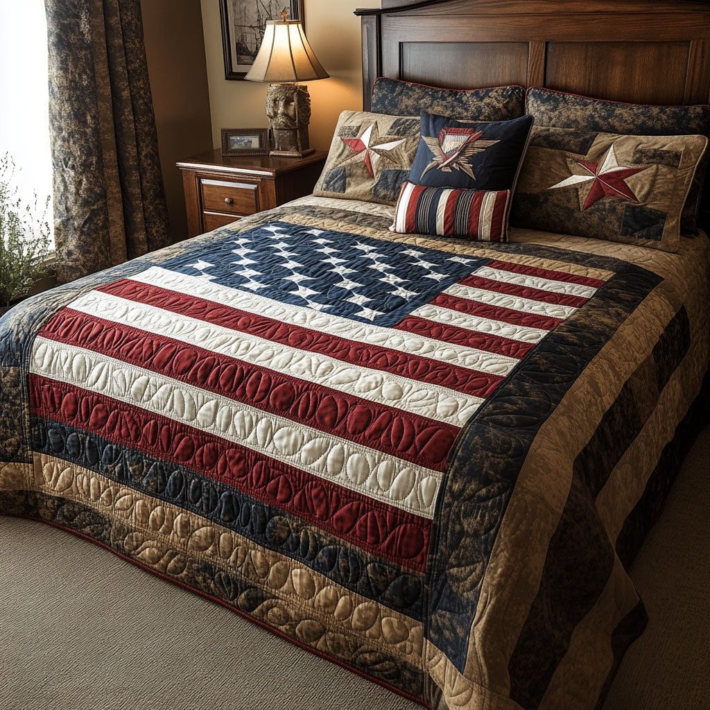 Stars of Honor quilted 3-piece bedding set on a made bed in a warmly lit bedroom