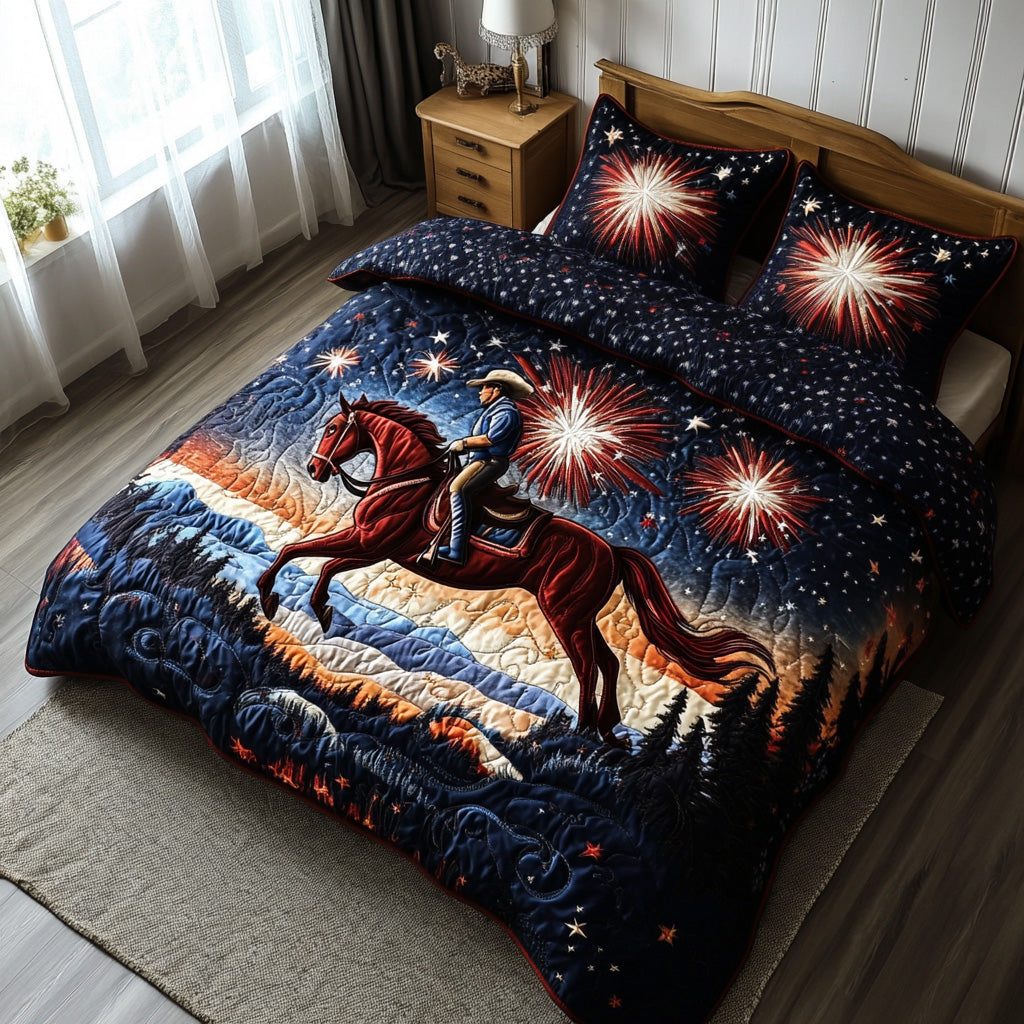 Stars Stripes And Gallops quilted 3-piece bedding set on a made bed with two matching pillow shams