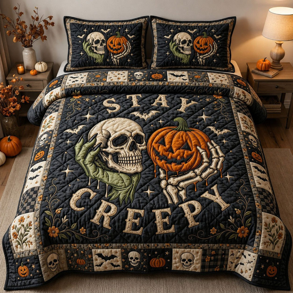 Stay Creepy quilted 3-piece bedding set on a made bed against a dark styled interior