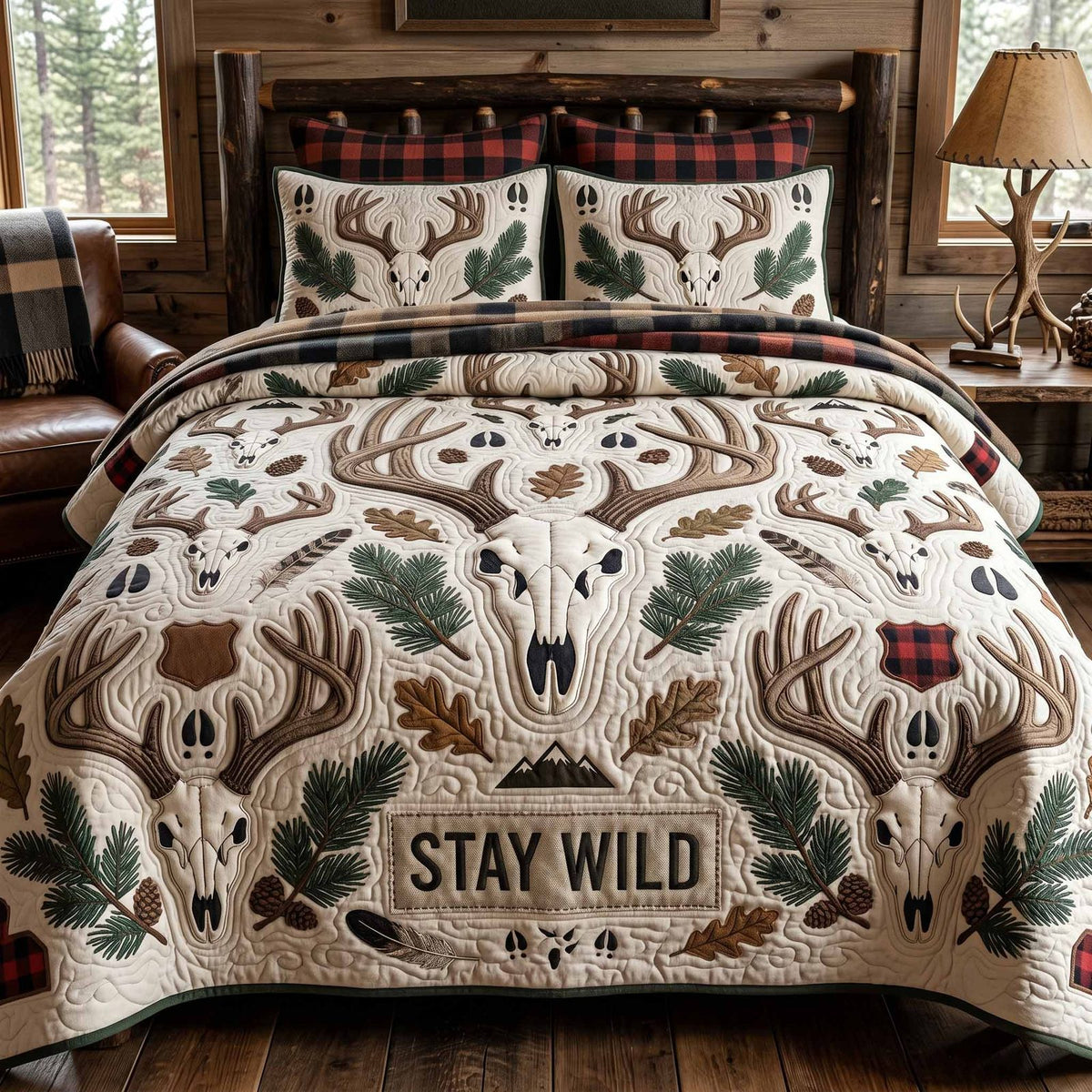 Stay Wild quilted 3-piece bedding set on a made bed with two matching pillow shams