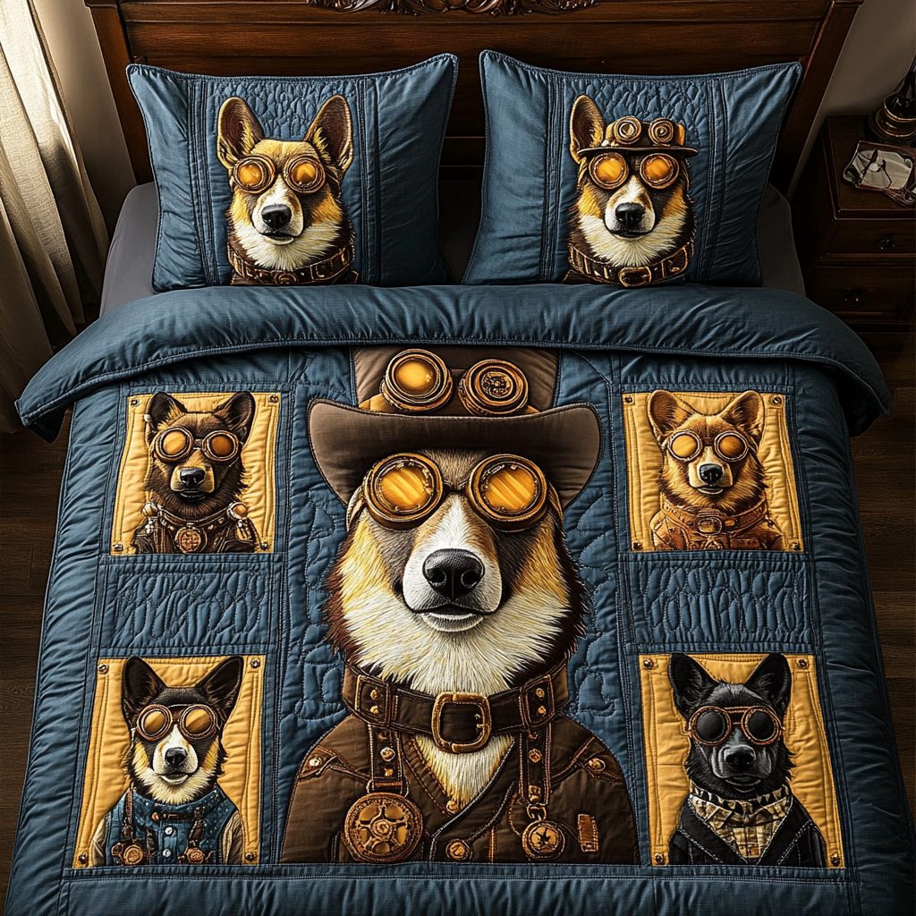 Steampunk Shepherd quilted 3-piece bedding set on a made bed with two matching pillow shams