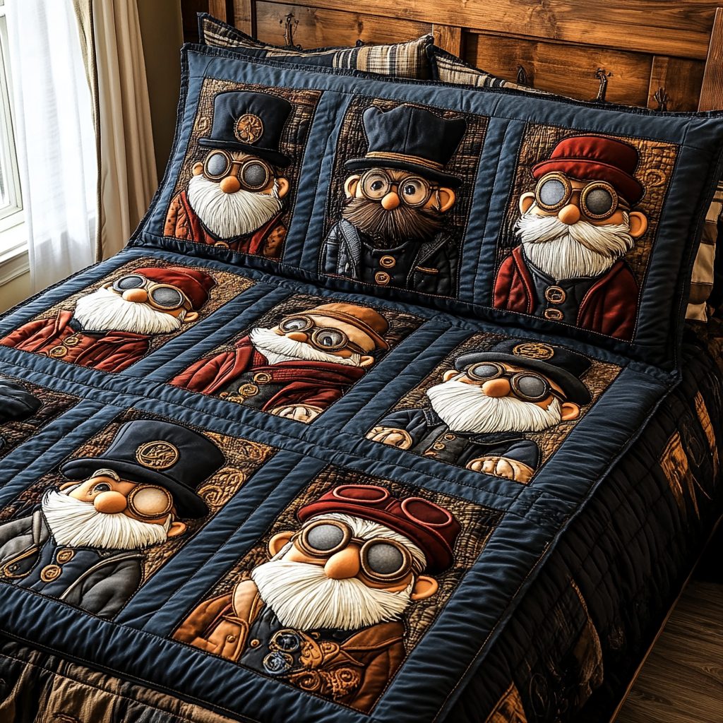 Steampunk Symphony quilted 3-piece bedding set on a made bed with two matching pillow shams