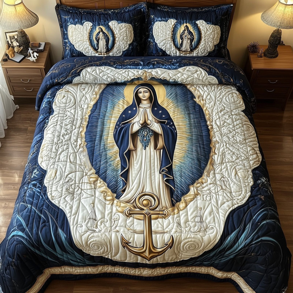 Stella Maris quilted 3-piece bedding set on a made bed with two matching pillow shams