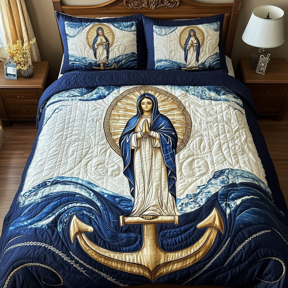 Stella Maris quilted 3-piece bedding set on a made bed with two matching pillow shams