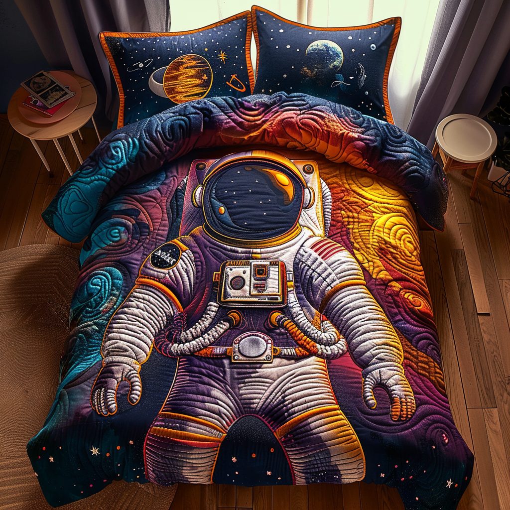 Stellar Voyager quilted 3-piece bedding set on a made bed with two matching pillow shams