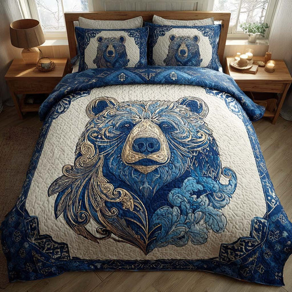 Stone Fang quilted 3-piece bedding set on a made bed with two matching pillow shams
