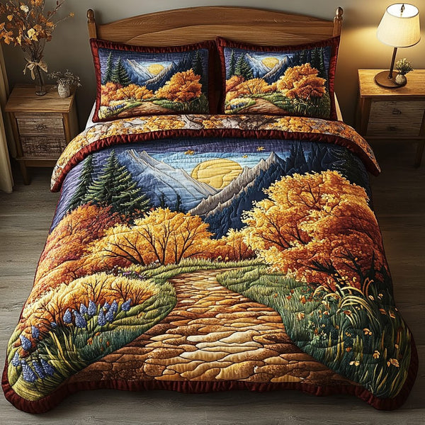 Stone Pathway quilted 3-piece bedding set on a made bed with two matching pillow shams