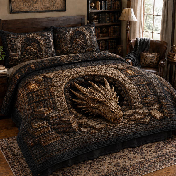 Stonebound Watcher quilted 3-piece bedding set on a made bed with two matching pillow shams