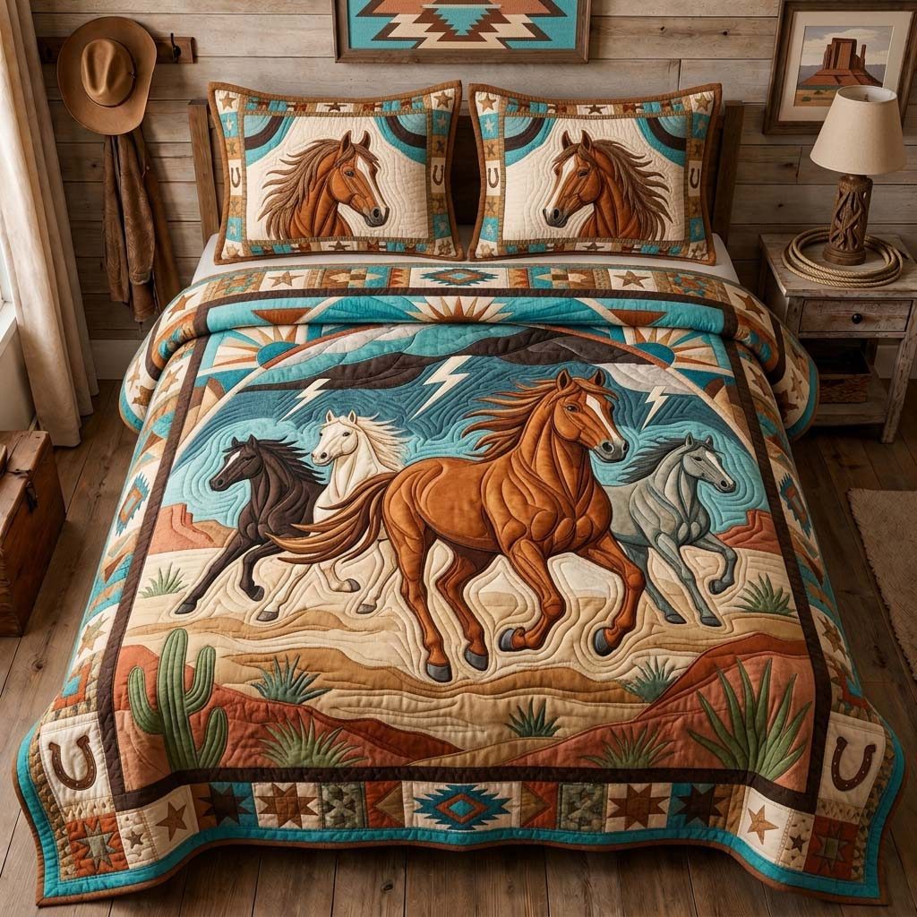 Storm Rider Horses quilted 3-piece bedding set on a made bed in a rustic timber bedroom