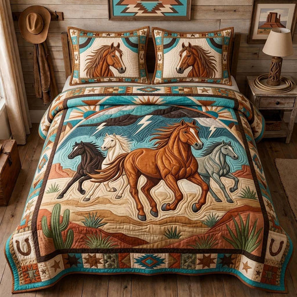 Storm Rider Horses quilted 3-piece bedding set on a made bed in a rustic timber bedroom