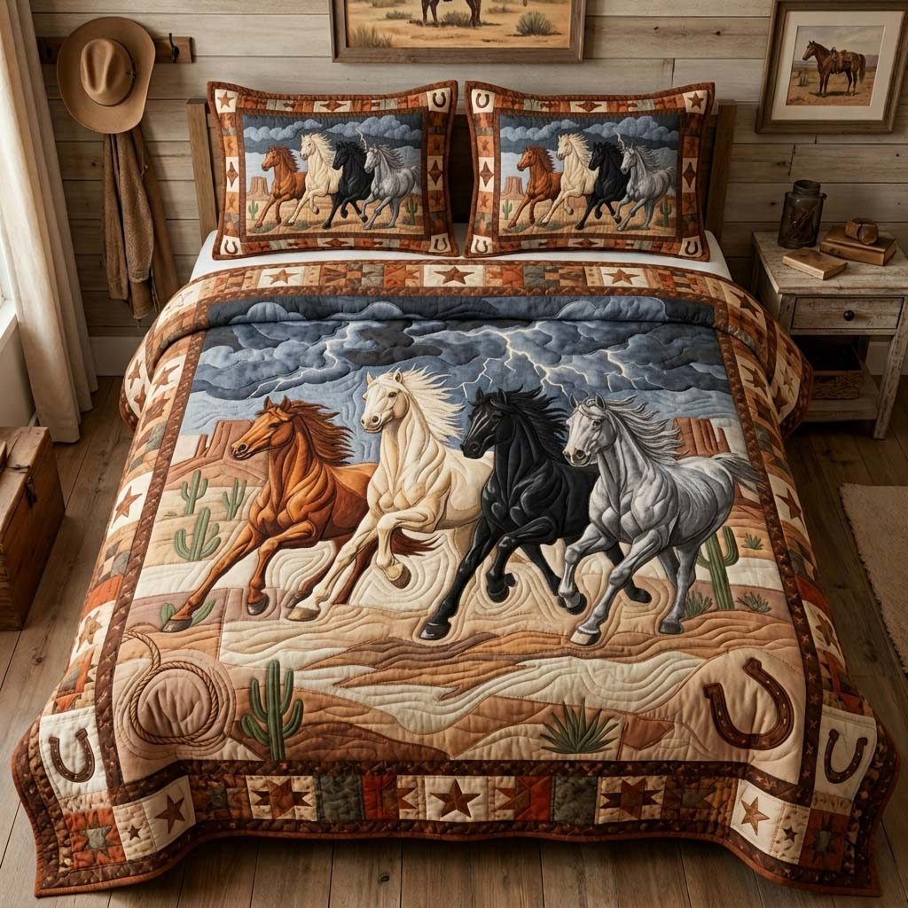 Storm Wild Horses quilted 3-piece bedding set on a made bed in a rustic timber bedroom