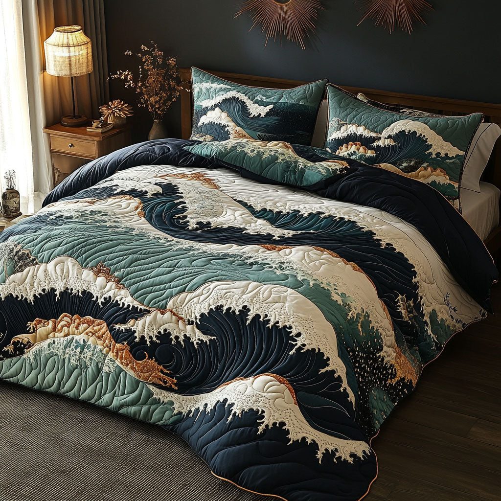 Stormy Serenity quilted 3-piece bedding set on a made bed with two matching pillow shams