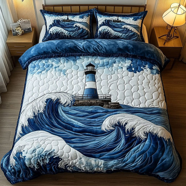 Stormy Waves Tower quilted 3-piece bedding set on a made bed in a light coastal bedroom