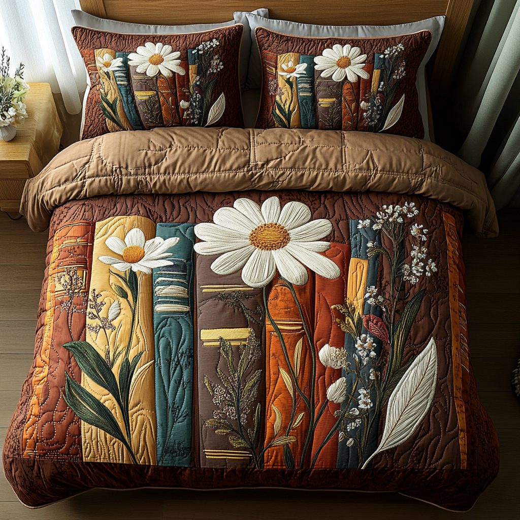 Story Bloom quilted 3-piece bedding set on a made bed with two matching pillow shams