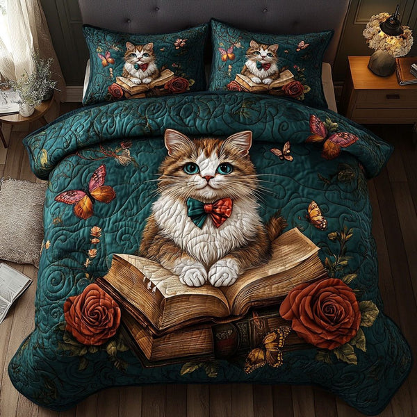 Story Cats quilted 3-piece bedding set on a made bed with two matching pillow shams