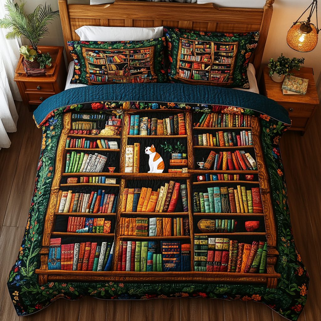 Story Roses quilted 3-piece bedding set on a made bed with two matching pillow shams