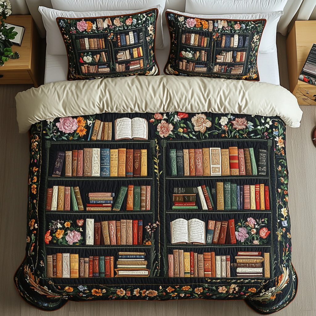 Storybook Charm quilted 3-piece bedding set on a made bed with two matching pillow shams
