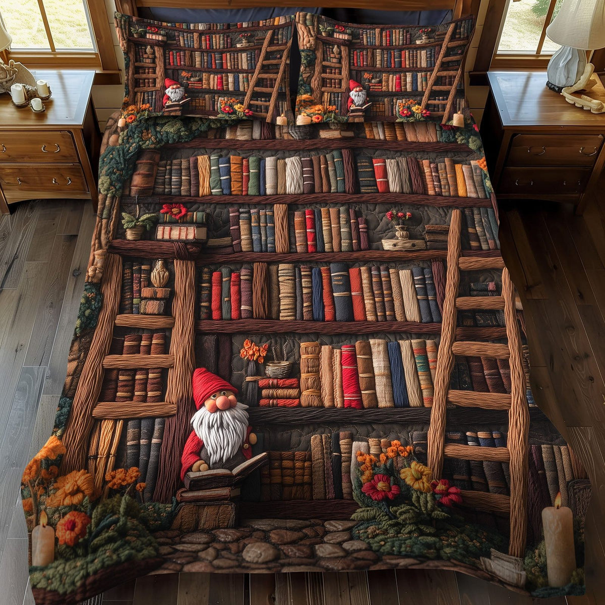 Storytime Gnome quilted 3-piece bedding set on a made bed in a winter-styled bedroom