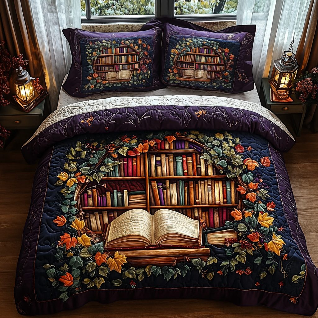 Storytime Serenity quilted 3-piece bedding set on a made bed with two matching pillow shams
