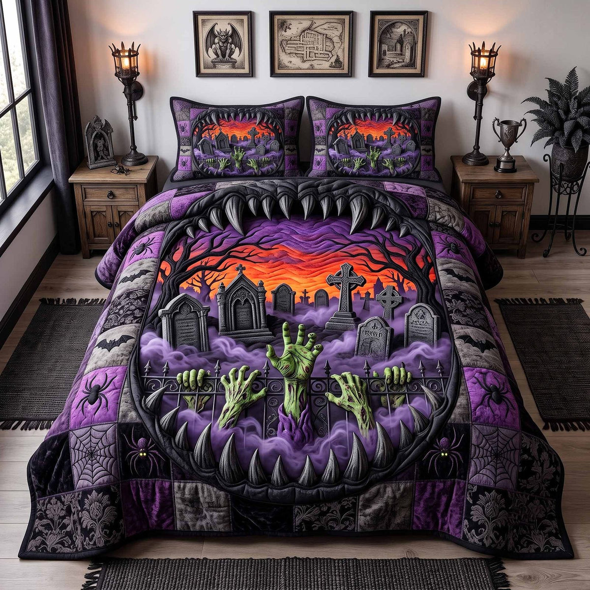 Strange Haunts quilted 3-piece bedding set on a made bed with two matching pillow shams