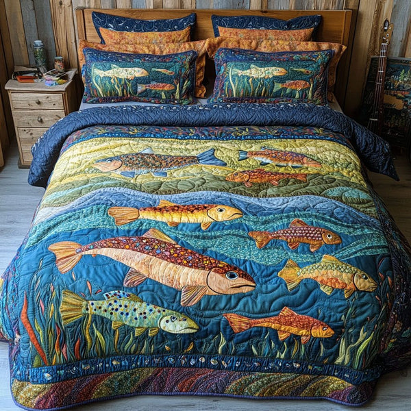 Streamside Serenity quilted 3-piece bedding set on a made bed with two matching pillow shams