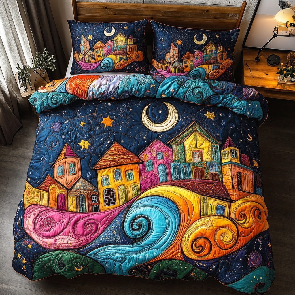 Street Scene quilted 3-piece bedding set on a made bed with two matching pillow shams