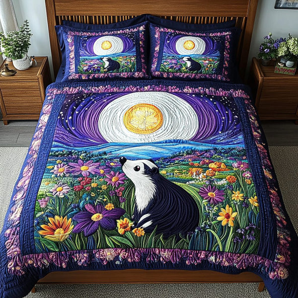 Stripe And Shadow quilted 3-piece bedding set on a made bed with two matching pillow shams