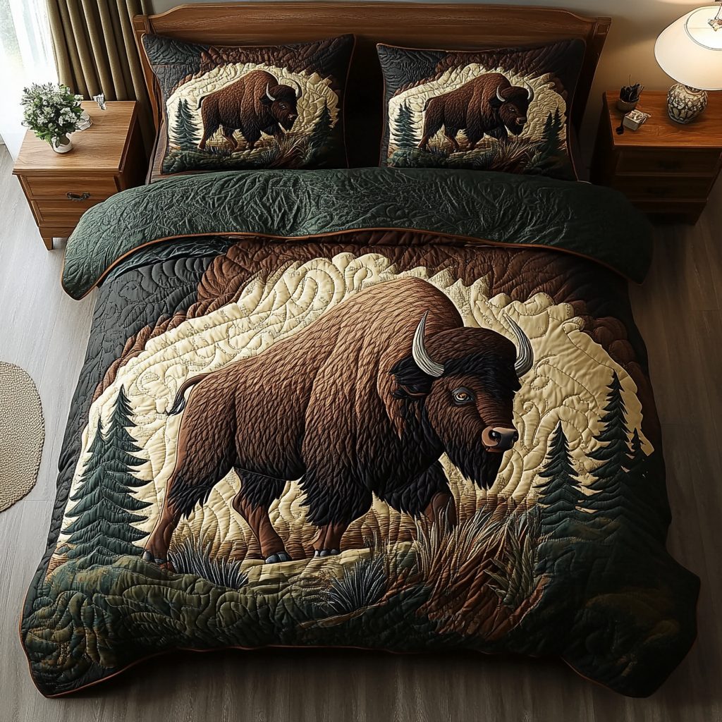 Strong Horizon quilted 3-piece bedding set on a made bed with two matching pillow shams