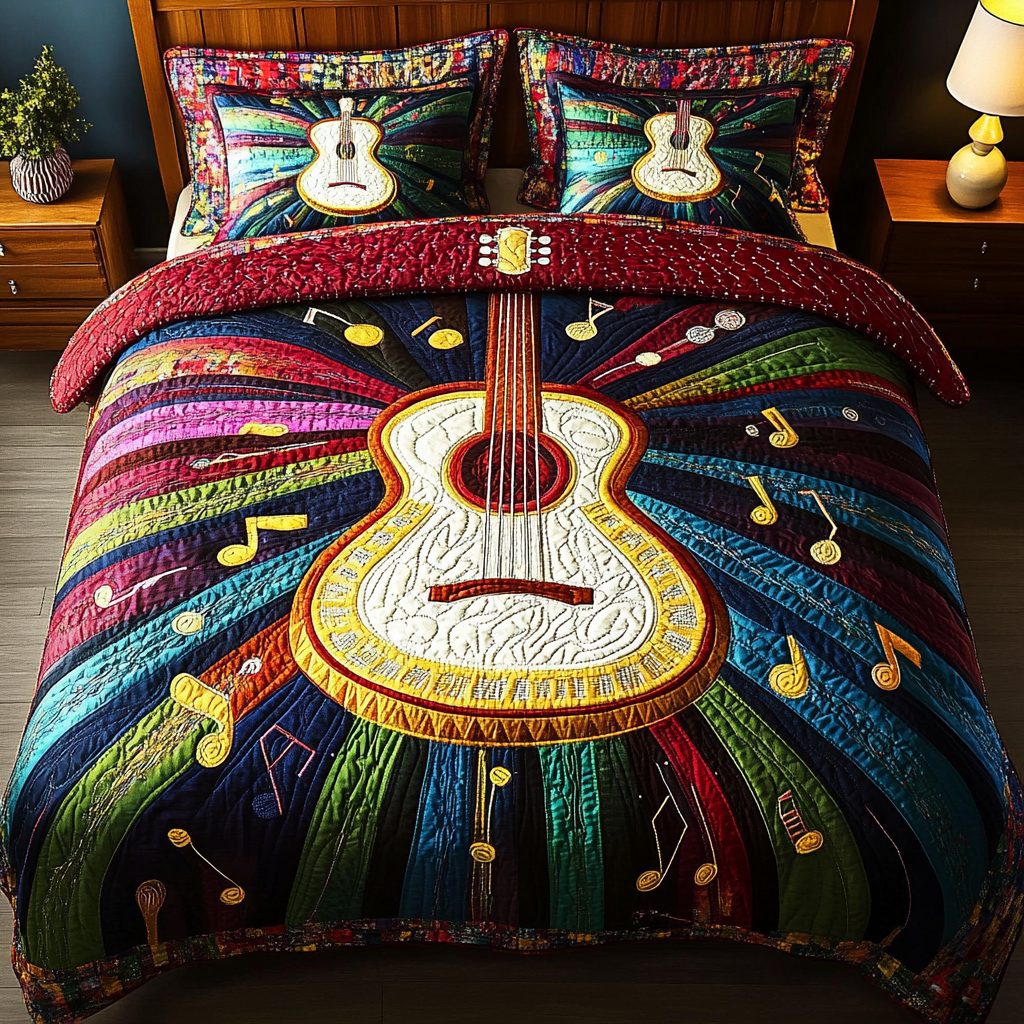 Strum and Shine quilted 3-piece bedding set on a made bed with two matching pillow shams