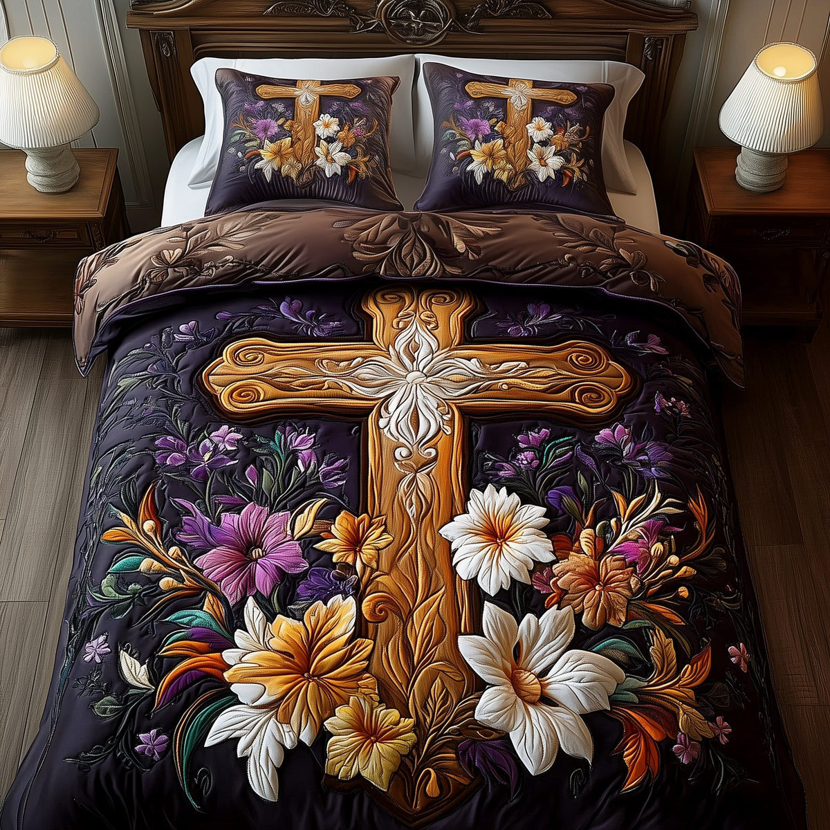 Stunning Cross quilted 3-piece bedding set on a made bed in a softly lit bedroom