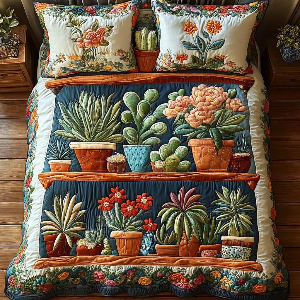 Succulent Sanctuary quilted 3-piece bedding set on a made bed with two matching pillow shams