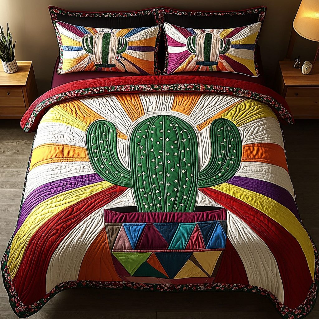 Succulent Serenity quilted 3-piece bedding set on a made bed with two matching pillow shams