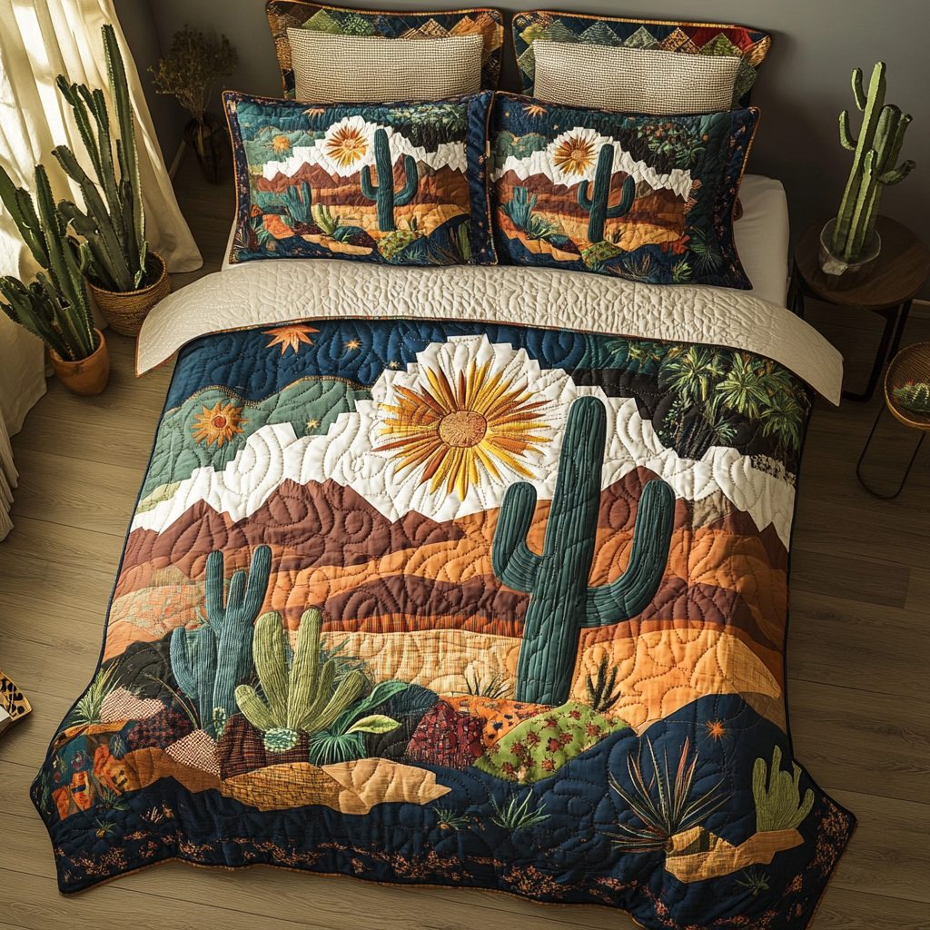Succulent Serenity quilted 3-piece bedding set on a made bed with two matching pillow shams