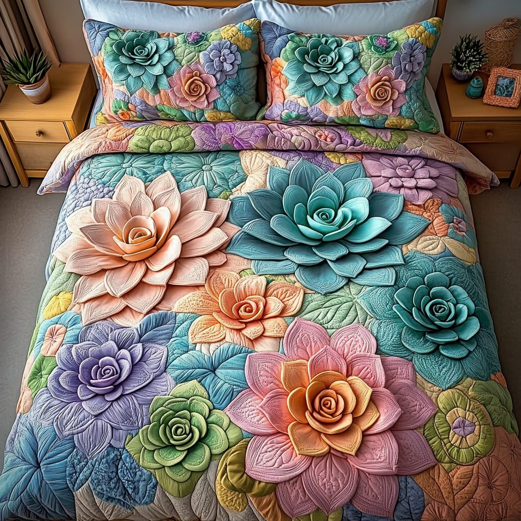 Succulent Serenity quilted 3-piece bedding set on a made bed with two matching pillow shams