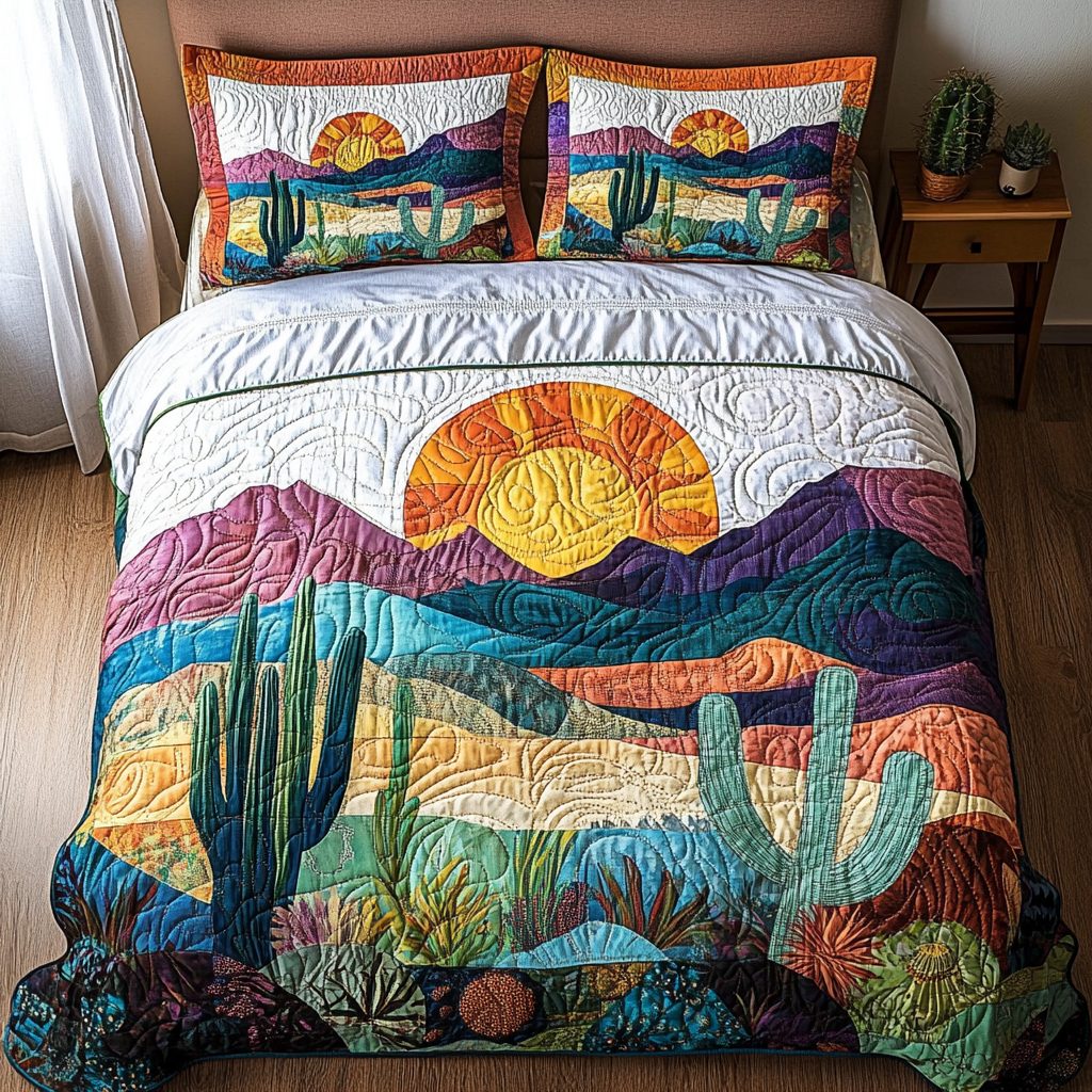 Succulent Symphony quilted 3-piece bedding set on a made bed with two matching pillow shams
