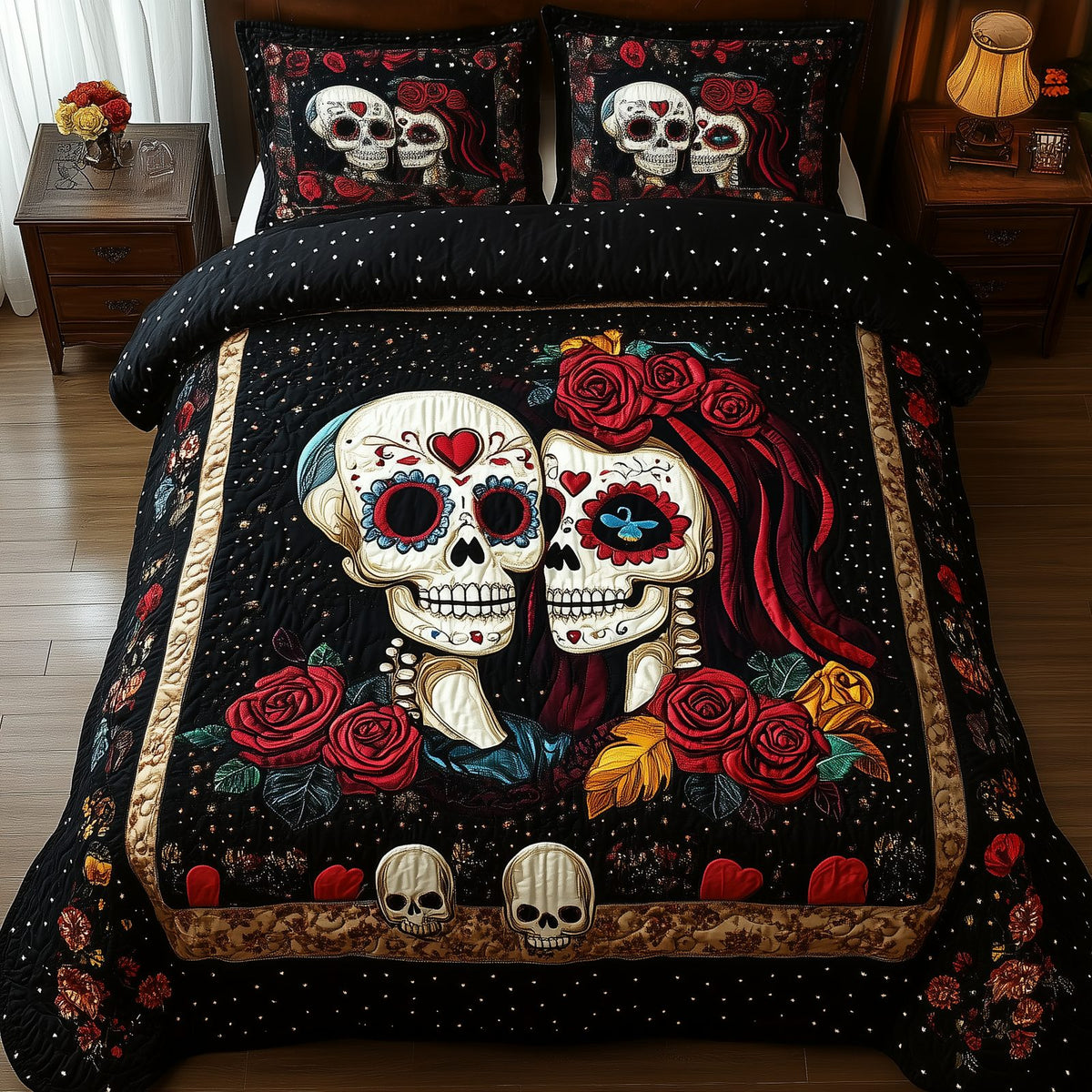 Sugar Skull Couple quilted 3-piece bedding set on a made bed against a dark styled interior