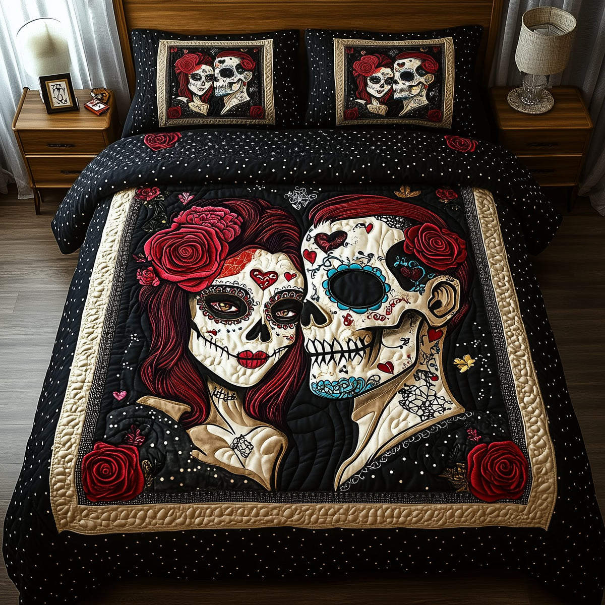 Sugar Skull Couple quilted 3-piece bedding set on a made bed against a dark styled interior