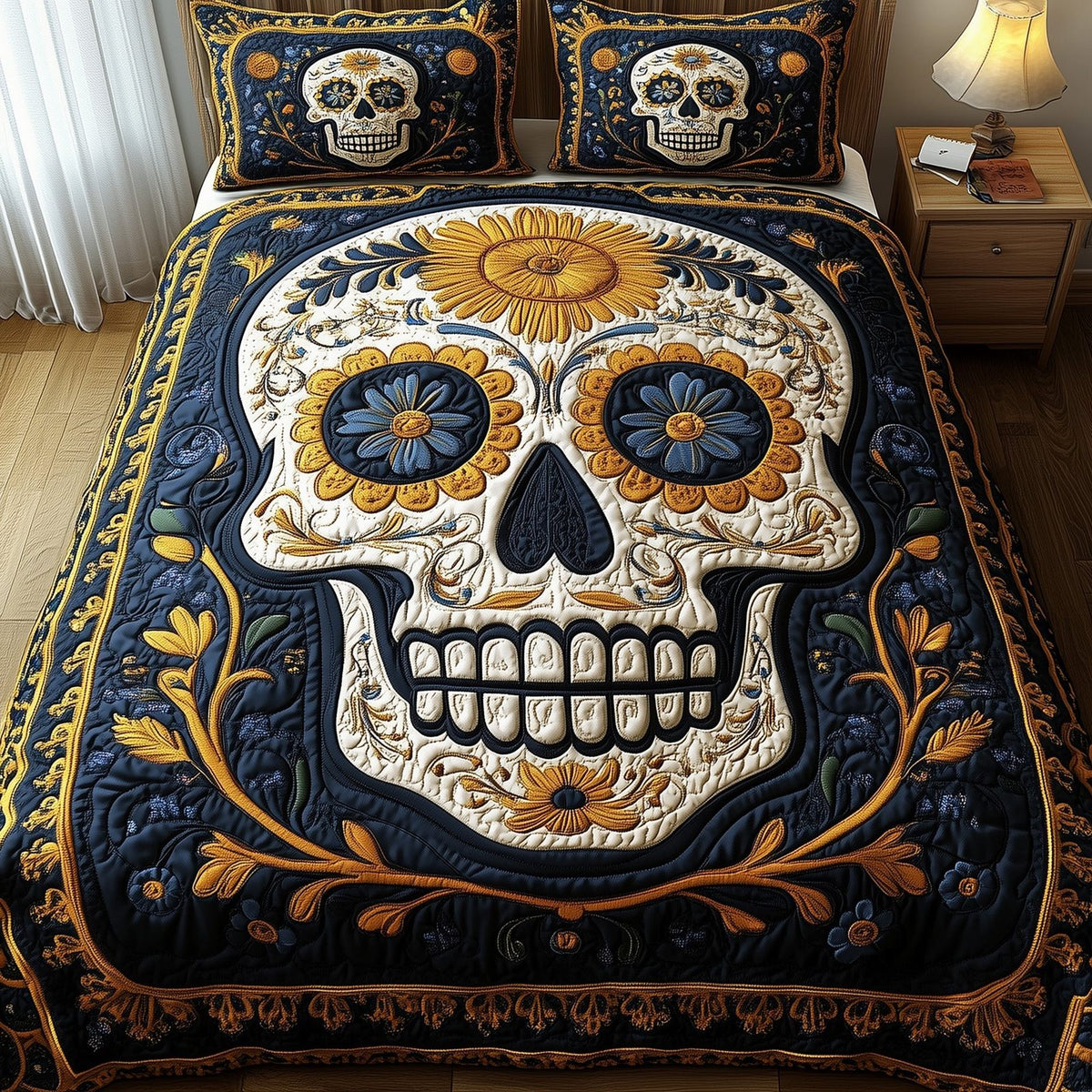 Sugar Skull quilted 3-piece bedding set on a made bed against a dark styled interior