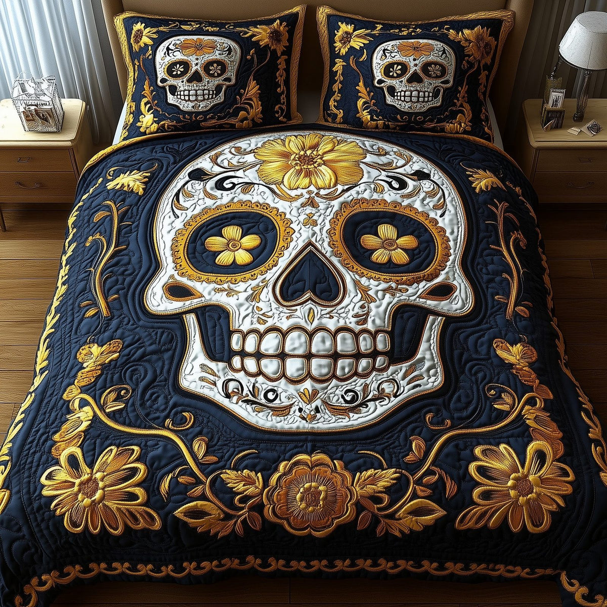 Sugar Skull quilted 3-piece bedding set on a made bed against a dark styled interior