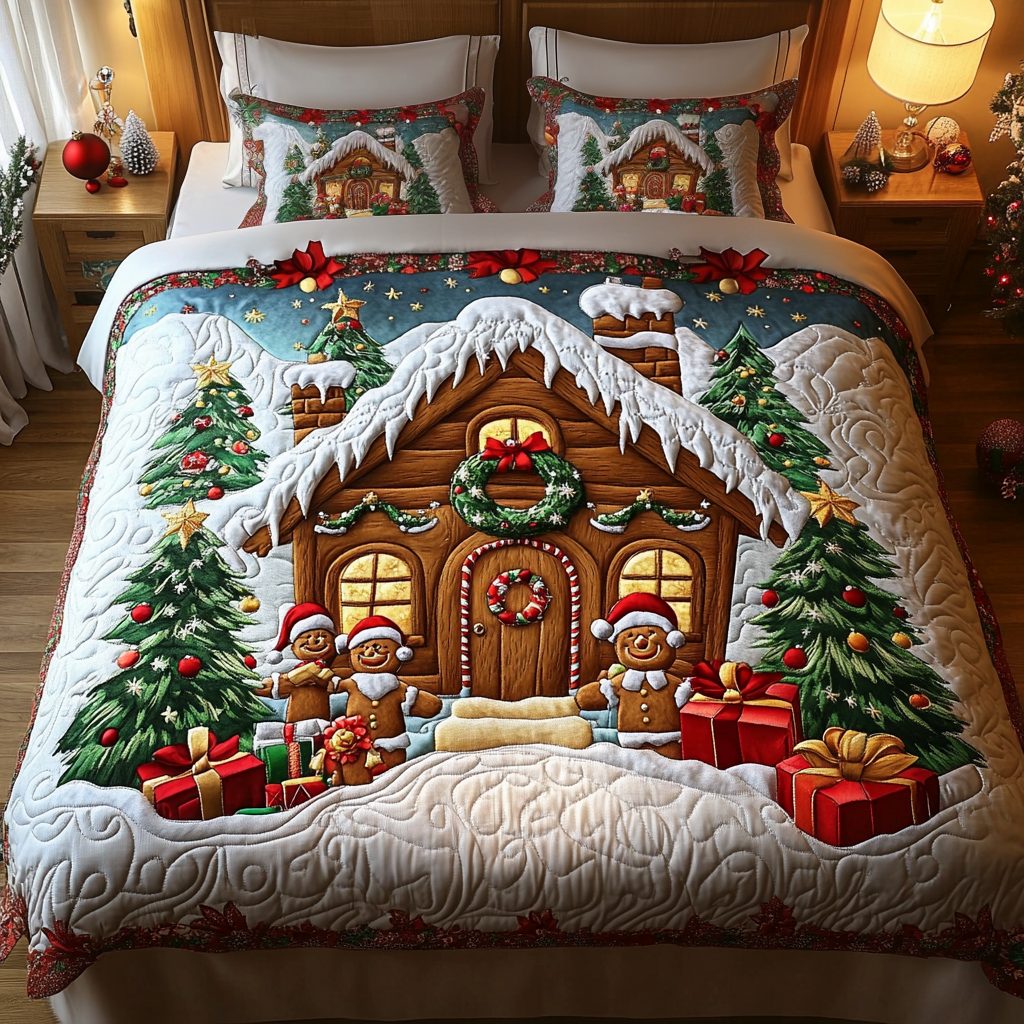 Sugarhouse Snuggle quilted 3-piece bedding set on a made bed with two matching pillow shams