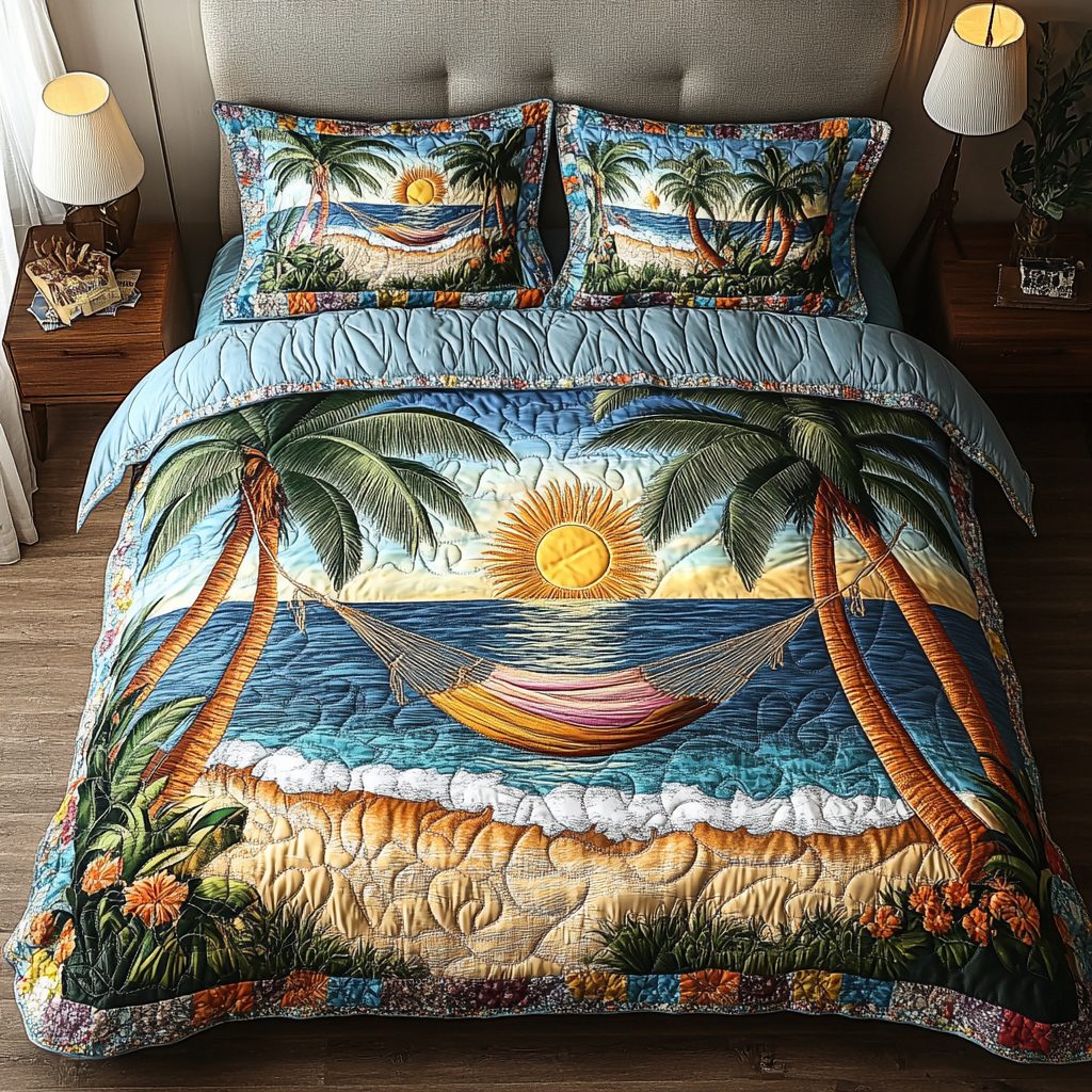 Summer Bliss quilted 3-piece bedding set on a made bed with two matching pillow shams