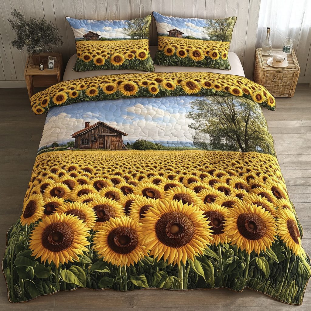 Summer Bloom quilted 3-piece bedding set on a made bed with two matching pillow shams