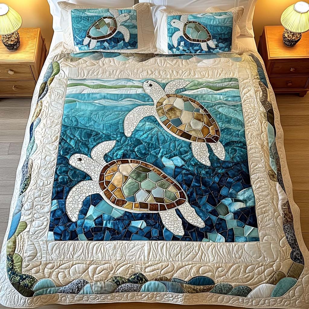 Summer Glow quilted 3-piece bedding set on a made bed with two matching pillow shams