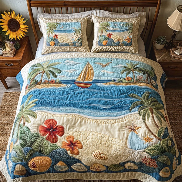 Summer Glow quilted 3-piece bedding set on a made bed with two matching pillow shams
