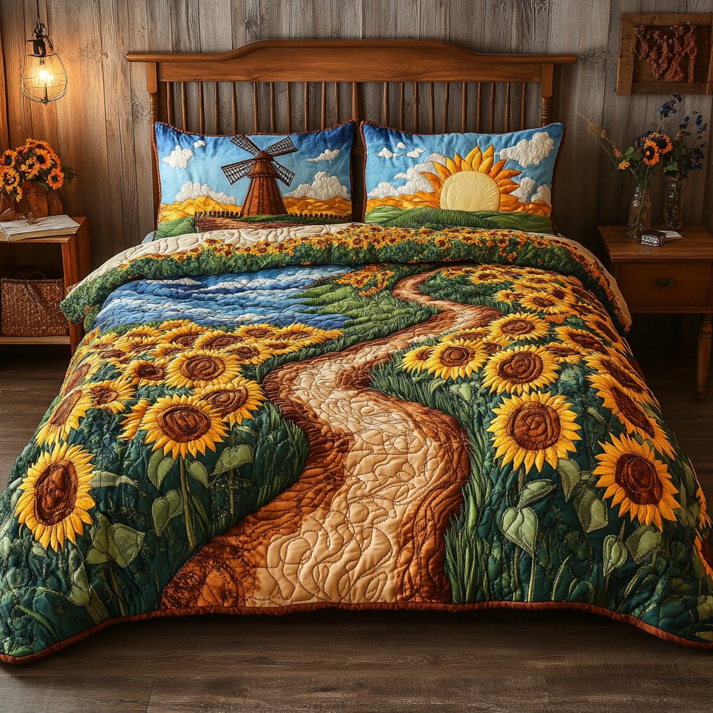 Summer Glow quilted 3-piece bedding set on a made bed with two matching pillow shams