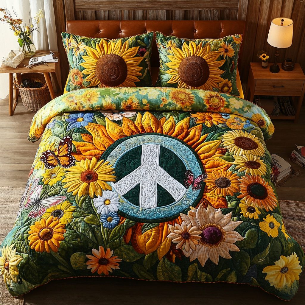 Summer Shine quilted 3-piece bedding set on a made bed with two matching pillow shams