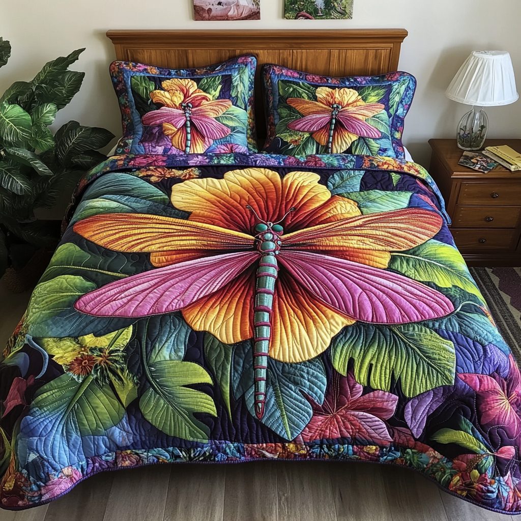 Summer Skies quilted 3-piece bedding set on a made bed with two matching pillow shams