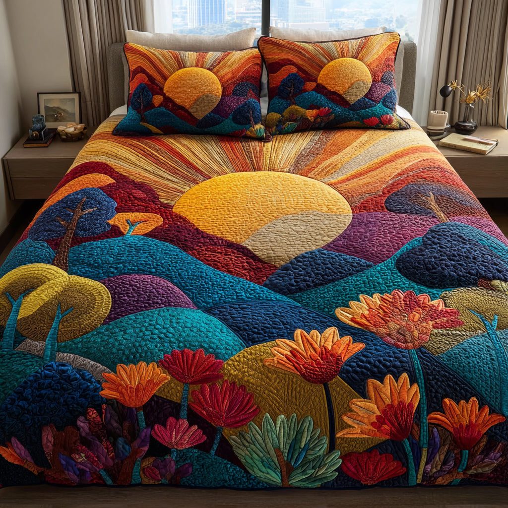 Summer Sun quilted 3-piece bedding set on a made bed with two matching pillow shams