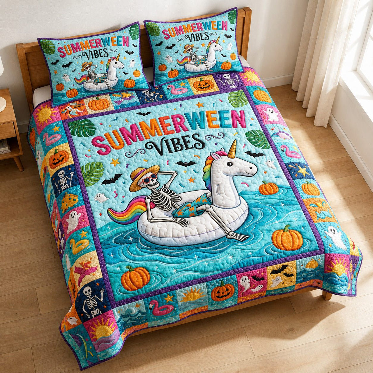 Summerween Vibes quilted 3-piece bedding set on a made bed with two matching pillow shams