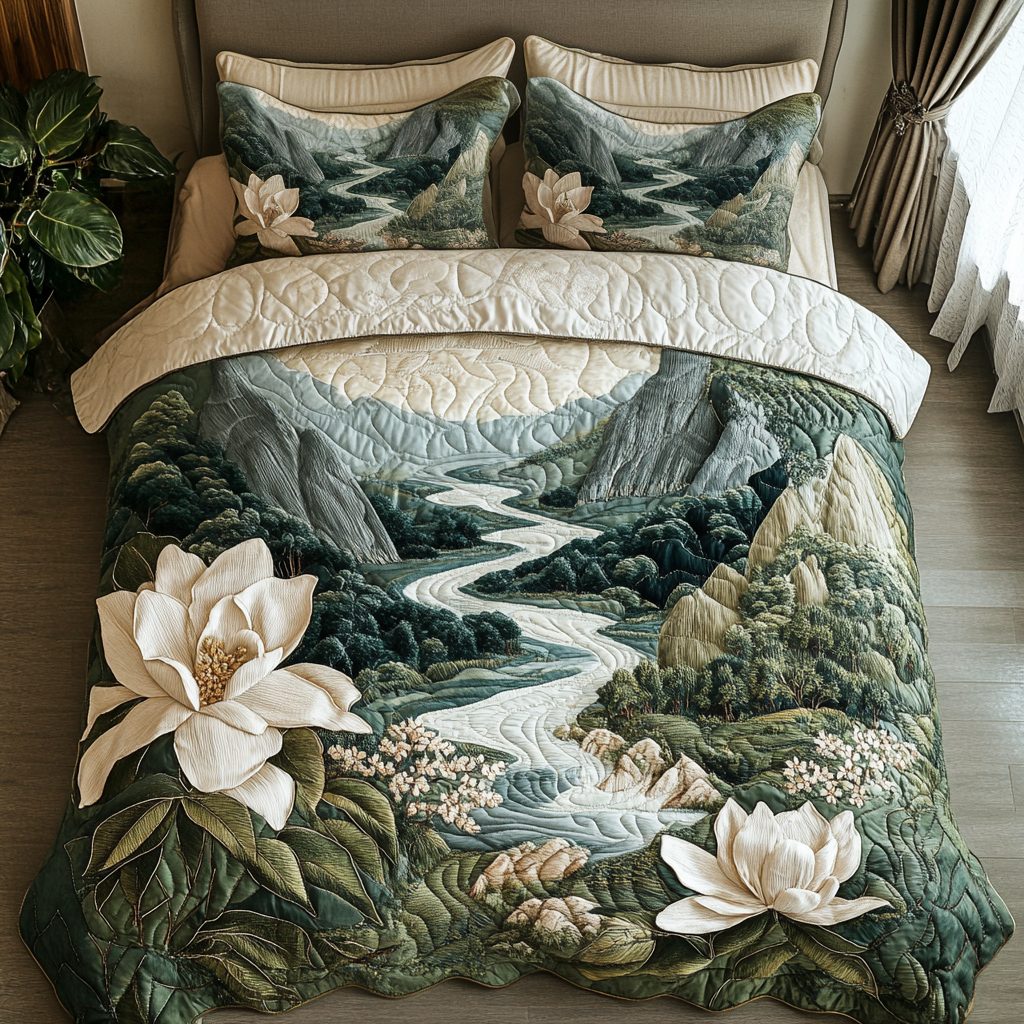 Summit Blossom quilted 3-piece bedding set on a made bed with two matching pillow shams